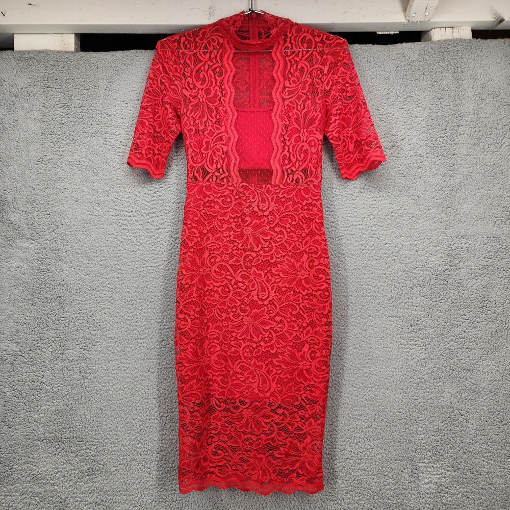 Express Womens Red Floral Lace High Neck Short Sleeve Bodycon Midi Dress Size 0
